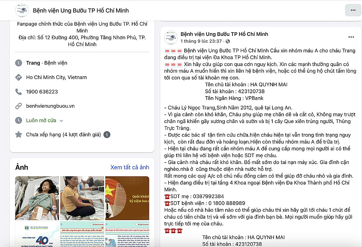 Nội dung kêu gọi tài trợ của trang Fanpage giả mạo Bệnh viện Ung bướu TP HCM. 